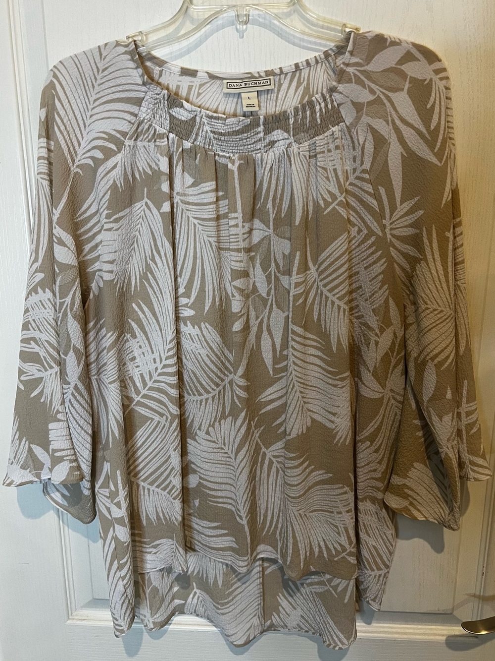 Dana Buchman Taupe and White Palm-Print Peasant Blouse
